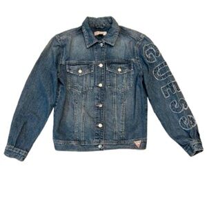 Guess Blue  Denim Jean Jacket with Logo Embroidered on Sleeve